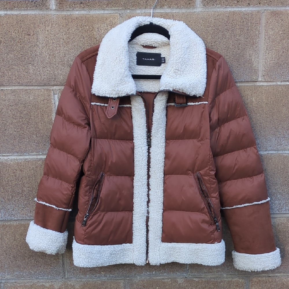 Tahari Selena Faux Shearling Trim Jacket Brown Medium - Picture 4 of 11
